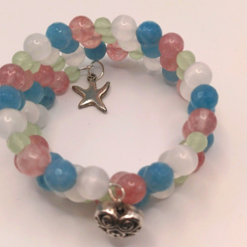 Wrap Multi gemstone Beaded Bracelet & Starfish Earrings Set, New, Fits All - Picture 2 of 8